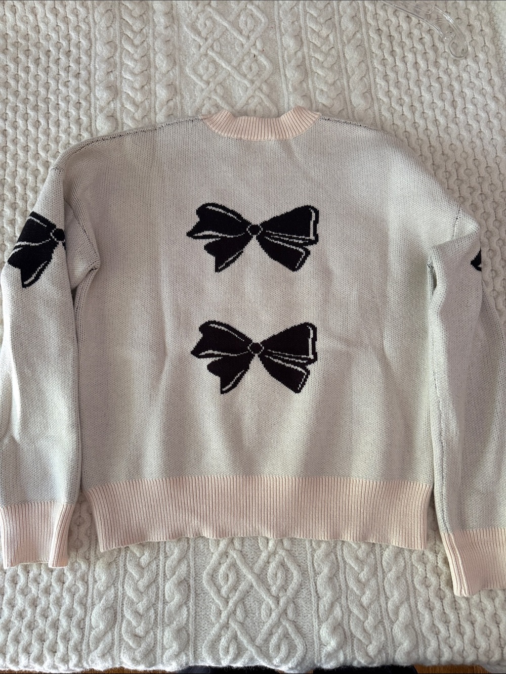 THML Cream Crewneck Sweater with Black Bow Details and Pink Trim - Picture 6 of 8